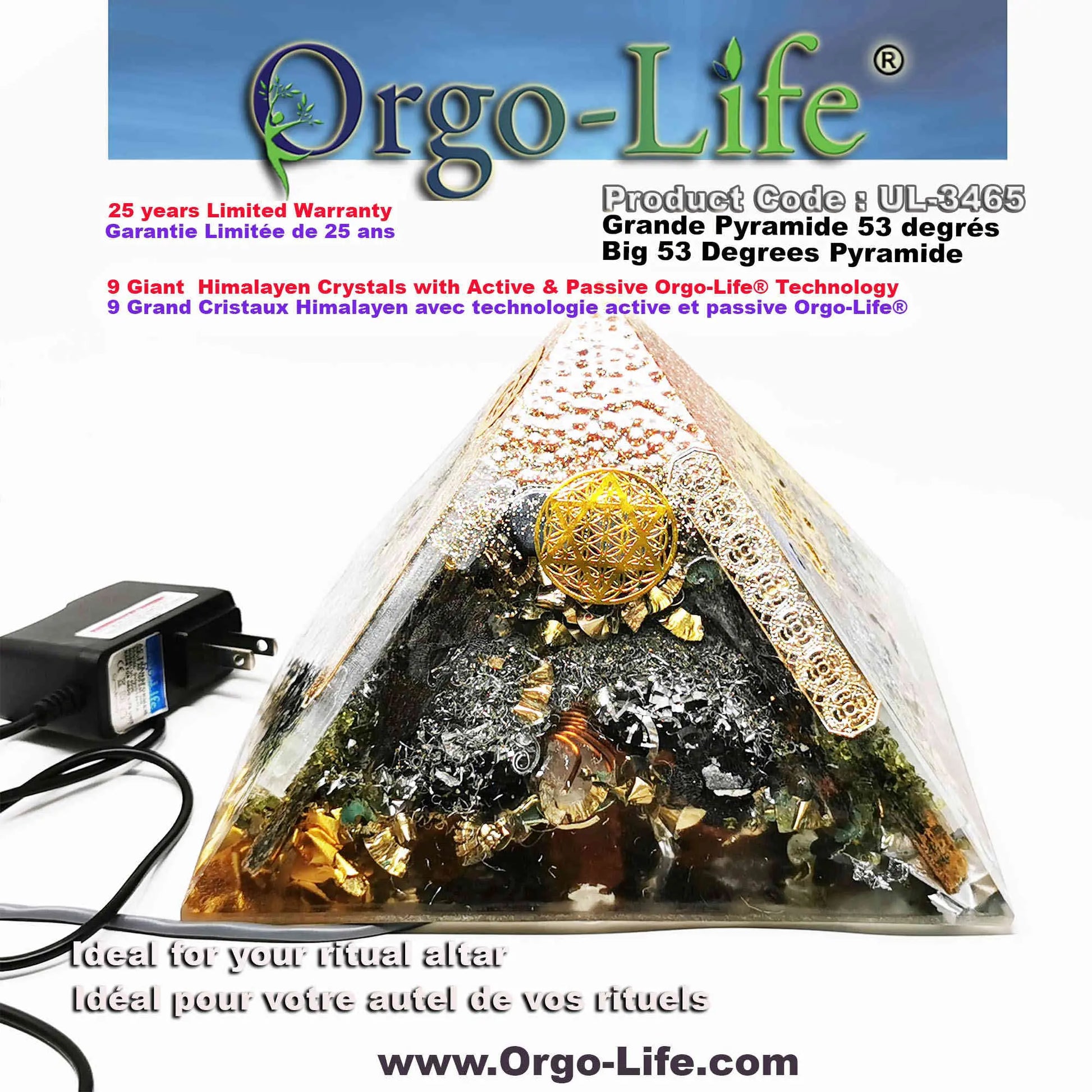 Pyramide(9 gros cristaux de l'Himalaya)(8'' x 8'' X 7 1/4') 53.3 degrés UL-3465 Orgo-Life