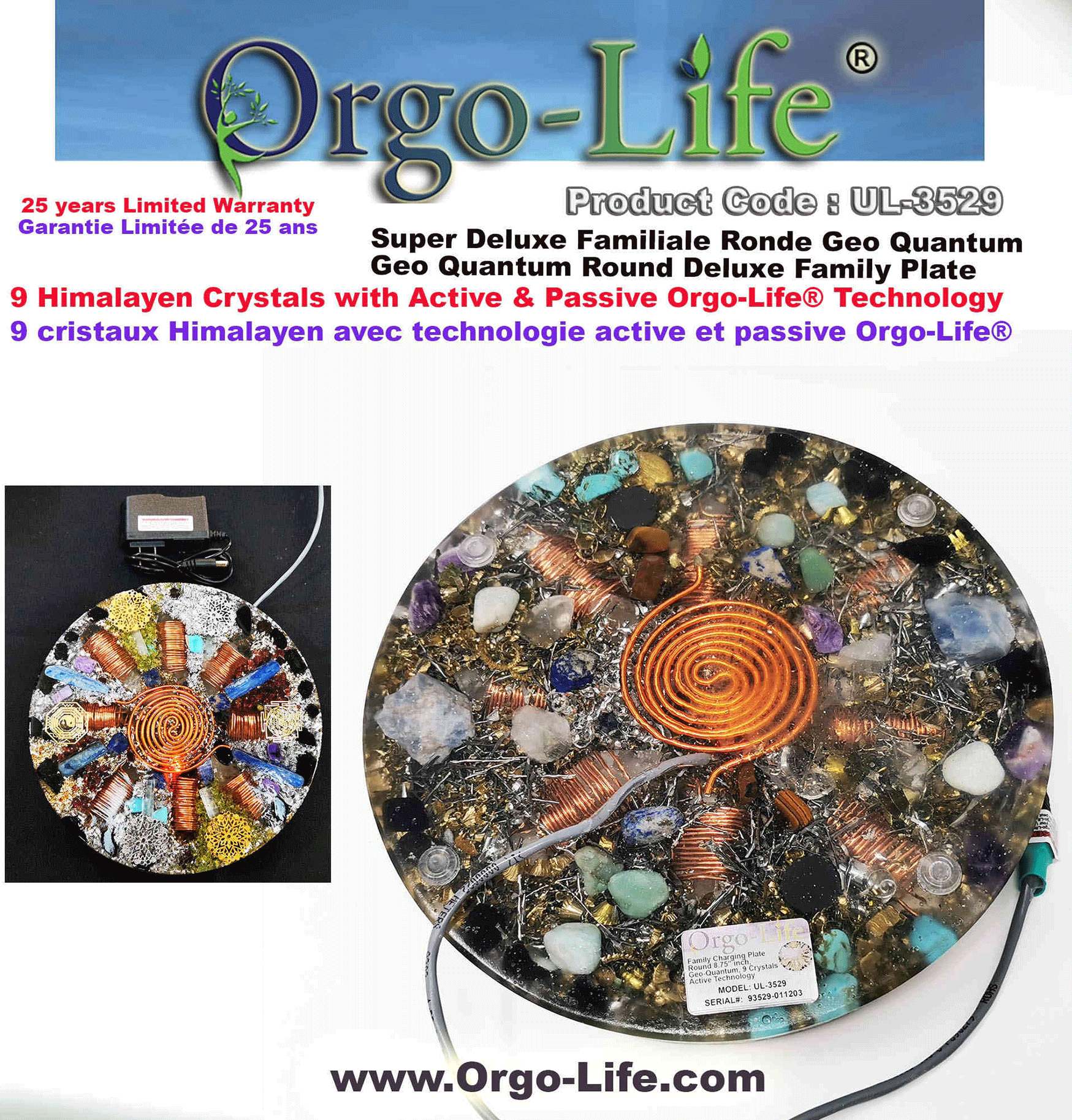 Tablette ronde familial (9 x gros cristaux de l'Himalaya) 8.75'' diamètre UL-3529 Orgo-Life