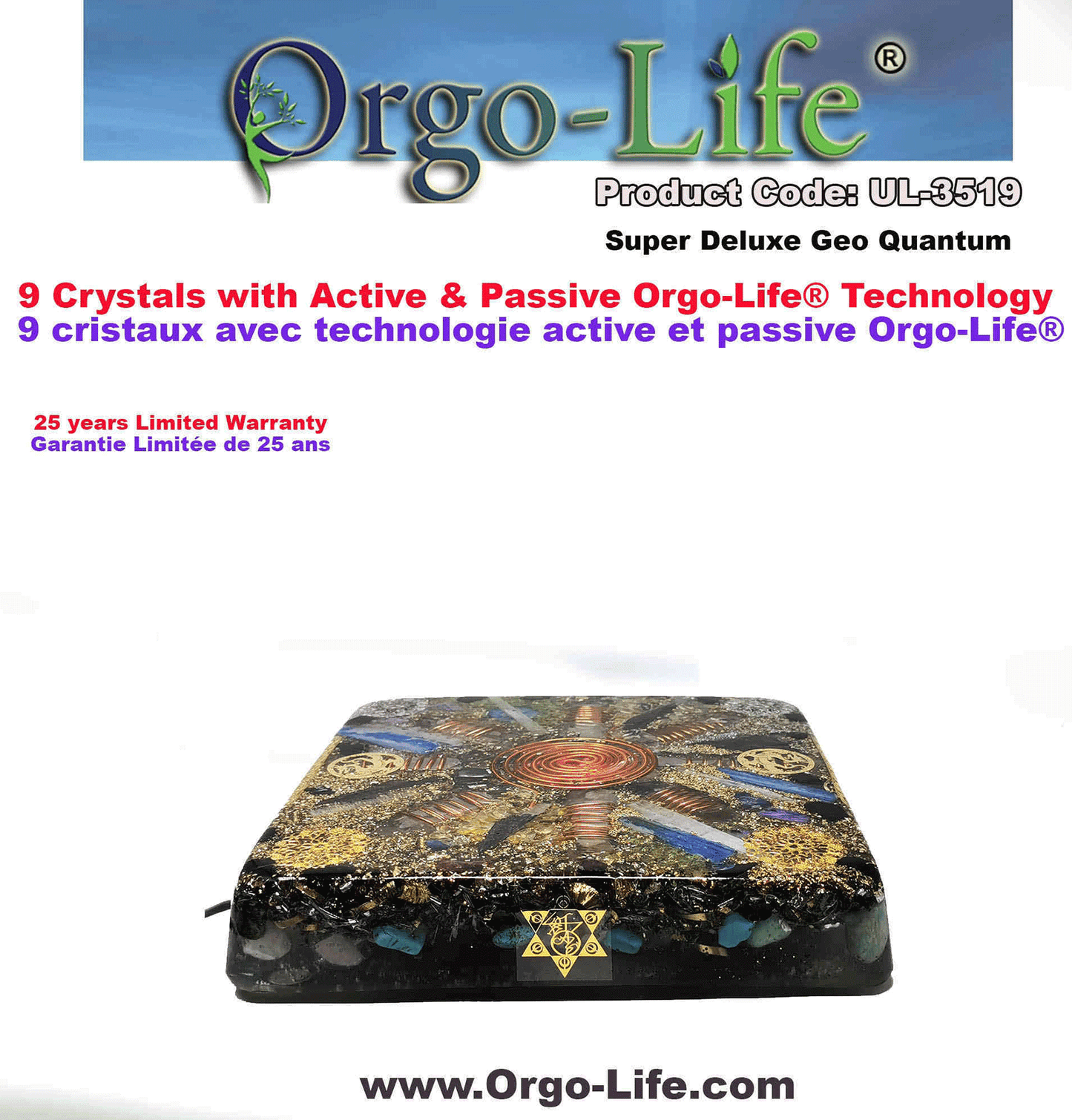 Tablette carré familial (9 x gros cristaux de l'Himalaya) 9 ''diamètre UL-3519 Orgo-Life