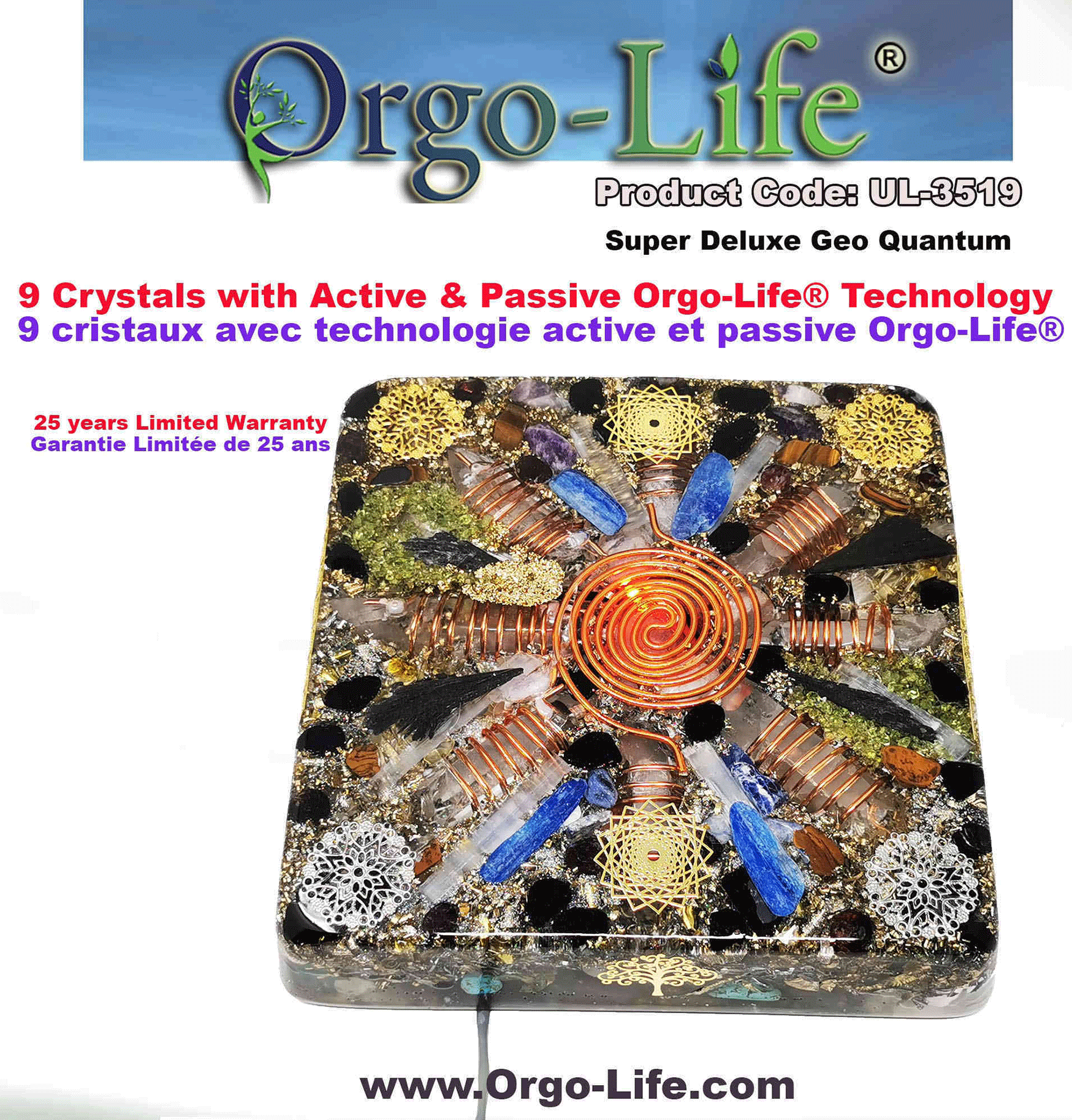 Tablette carré familial (9 x gros cristaux de l'Himalaya) 9 ''diamètre UL-3519 Orgo-Life